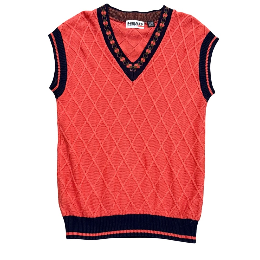 Vintage Head Sports Wear Sweater Vest Womens Coral Pink Navy Diamond Knit V-Neck